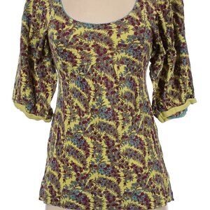 Free People Vibrant Floral Print Shirt Puff Sleeve Turquoise Tie Back Size XS